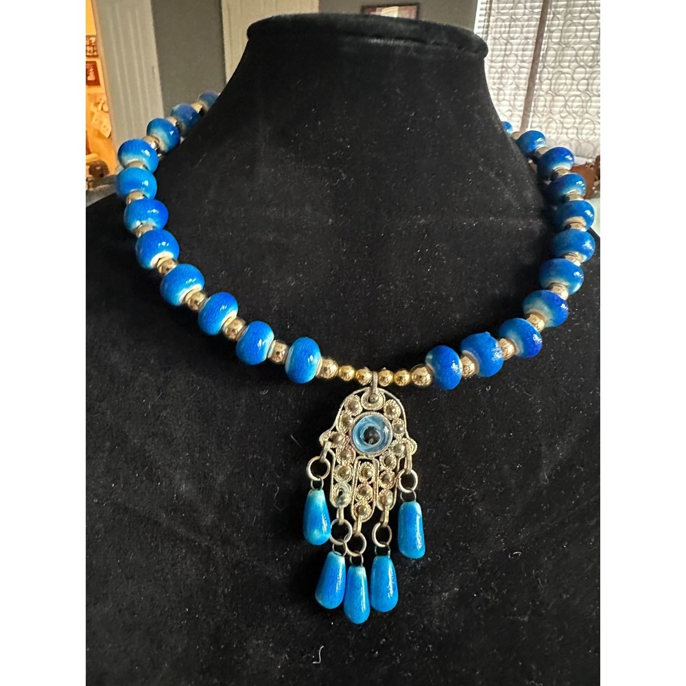 Hamsa Hand Choker Necklace Blue‎ Beaded Evil Eye Pendant Boho Jewelry